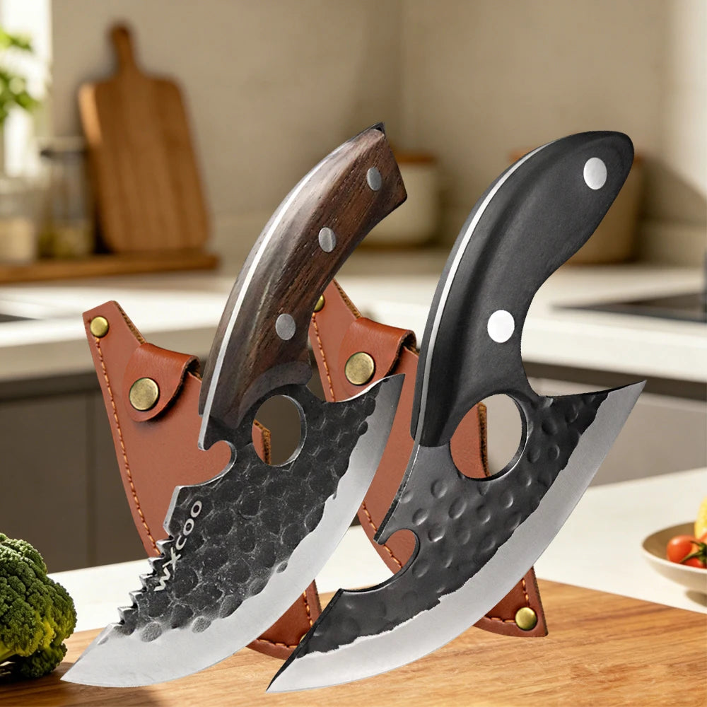 A forged stainless steel boning knife with a bottle opener and leather handle resting on a wooden surface.