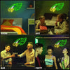 A collage showing a neon sign in a room, a gift, and people at a party.