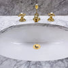 Gold pop-up drain fitting and faucet displayed on a white marble countertop above a white sink.