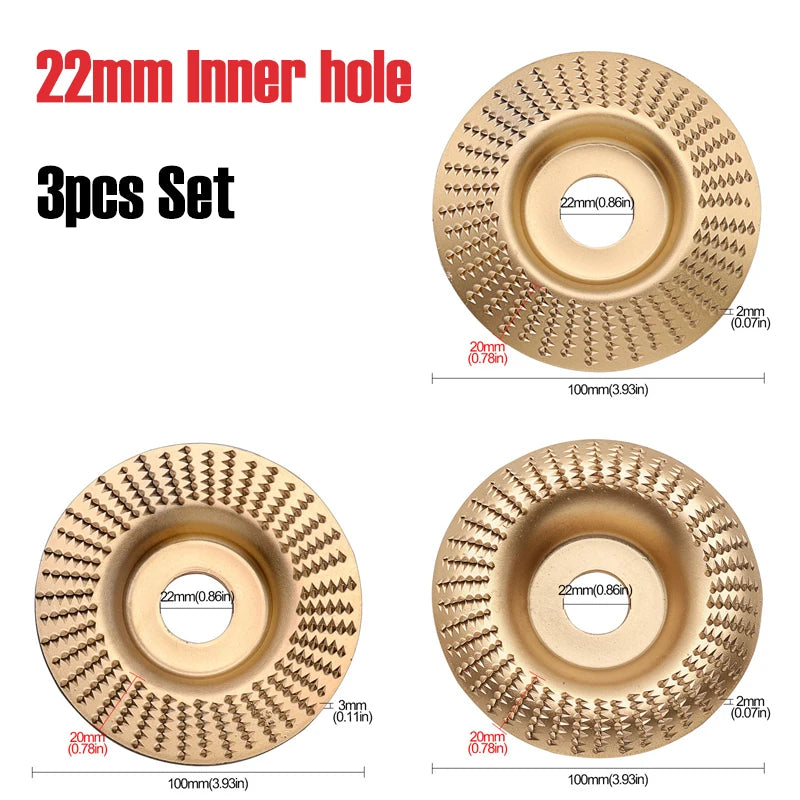 A set of three 22mm inner hole sanding discs for woodworking grinders shown in various angles.