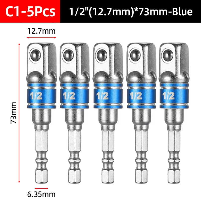 Five blue 1/2 inch socket adapters for power tools, measuring 12.7mm in diameter and 73mm long.
