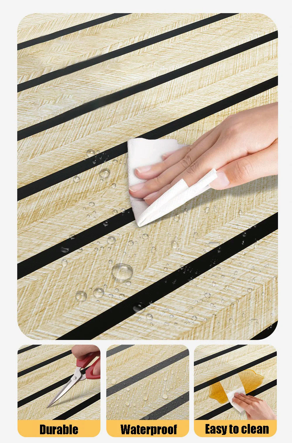 Hand wiping water droplets off a wood grain wall panel with a white cloth, demonstrating durability and waterproof features.