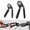 A black adjustable hex wrench is shown in various angles, demonstrating its size and grip.