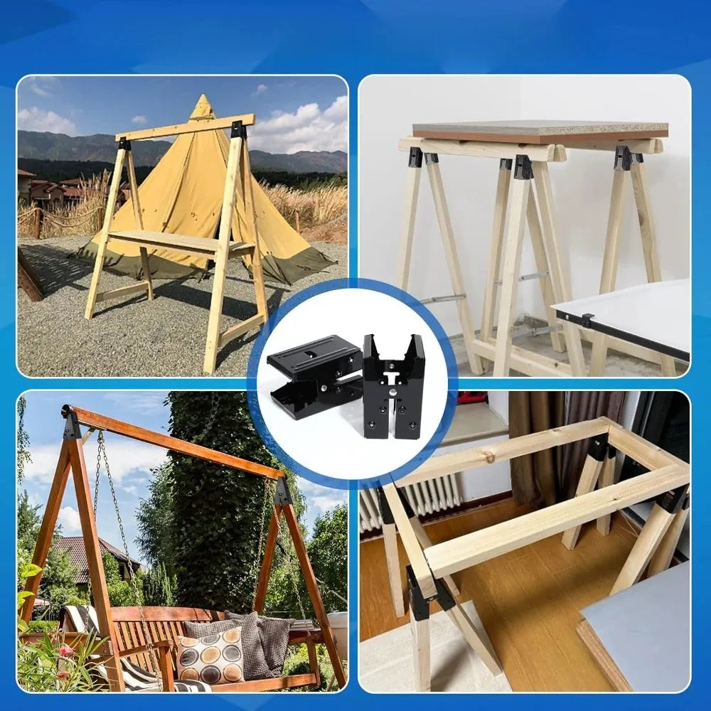 Variations showing precision woodworking sawhorse brackets and wooden tables for shop work.
