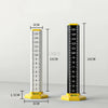 A yellow and black precision ceiling leveling tool with markings, showing its dimensions.