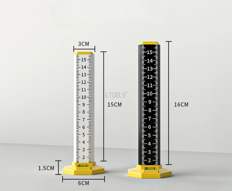 A yellow and black precision ceiling leveling tool with markings, showing its dimensions.