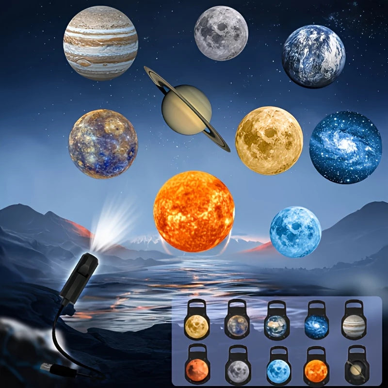 Luz del proyector USB LED de múltiples patrones que muestra cuerpos celestes y planetas contra un fondo oscuro.