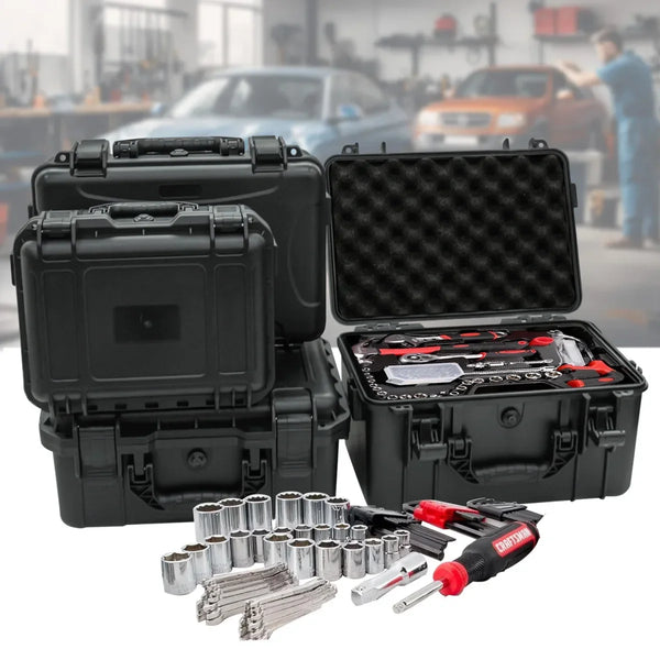 Set de caja de herramientas portátil negra con diversas herramientas y accesorios, incluyendo alicates y destornilladores.