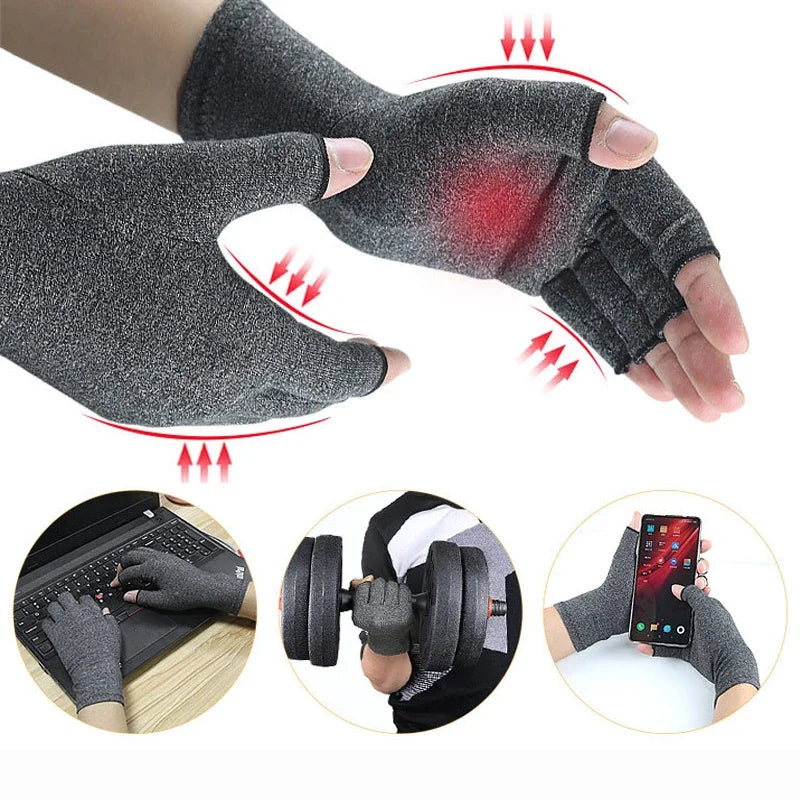 Gray therapeutic compression wrist gloves shown on a hand and forearm, with usage examples including typing and weightlifting