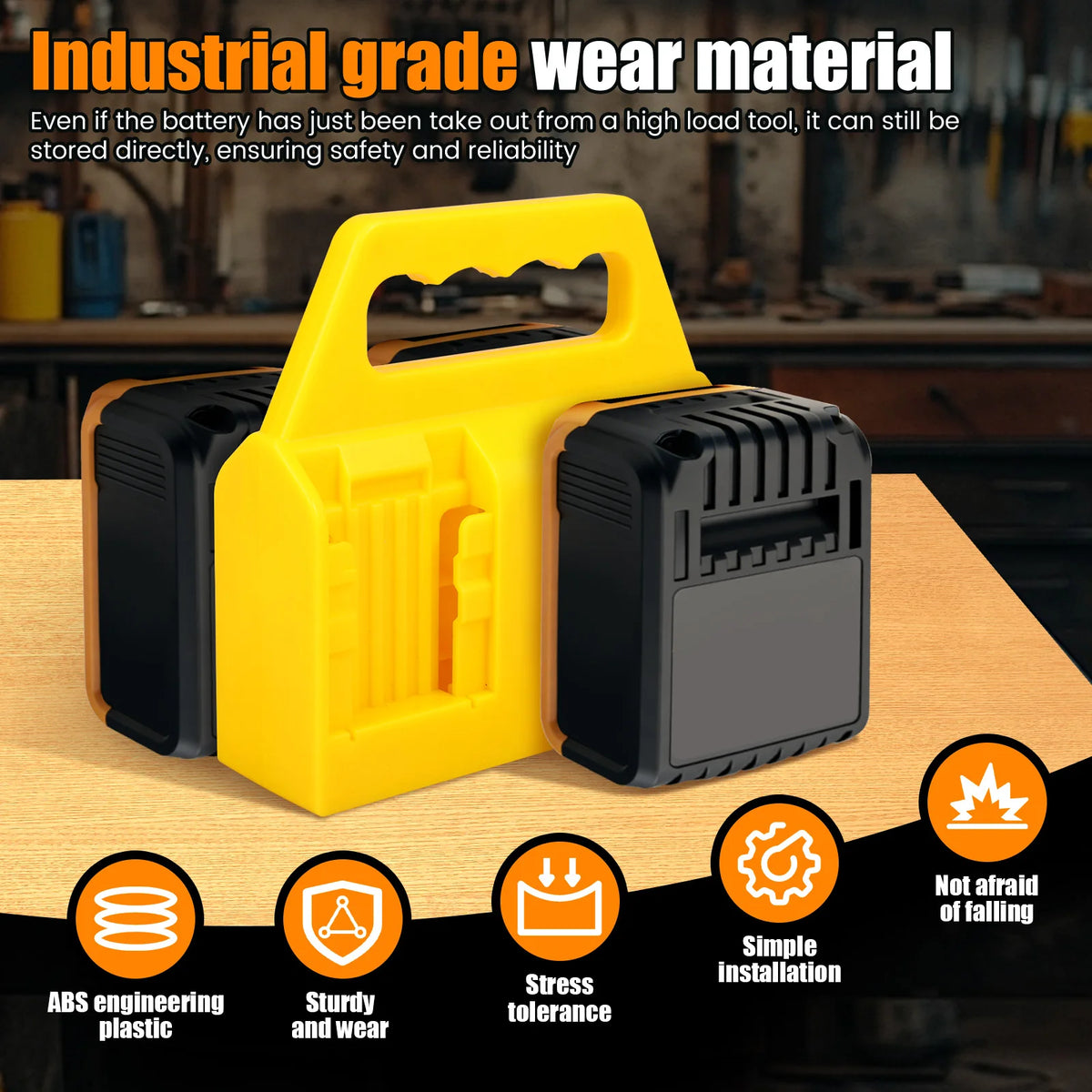 Yellow and black industrial grade wear material battery storage organizer for safe and reliable storage