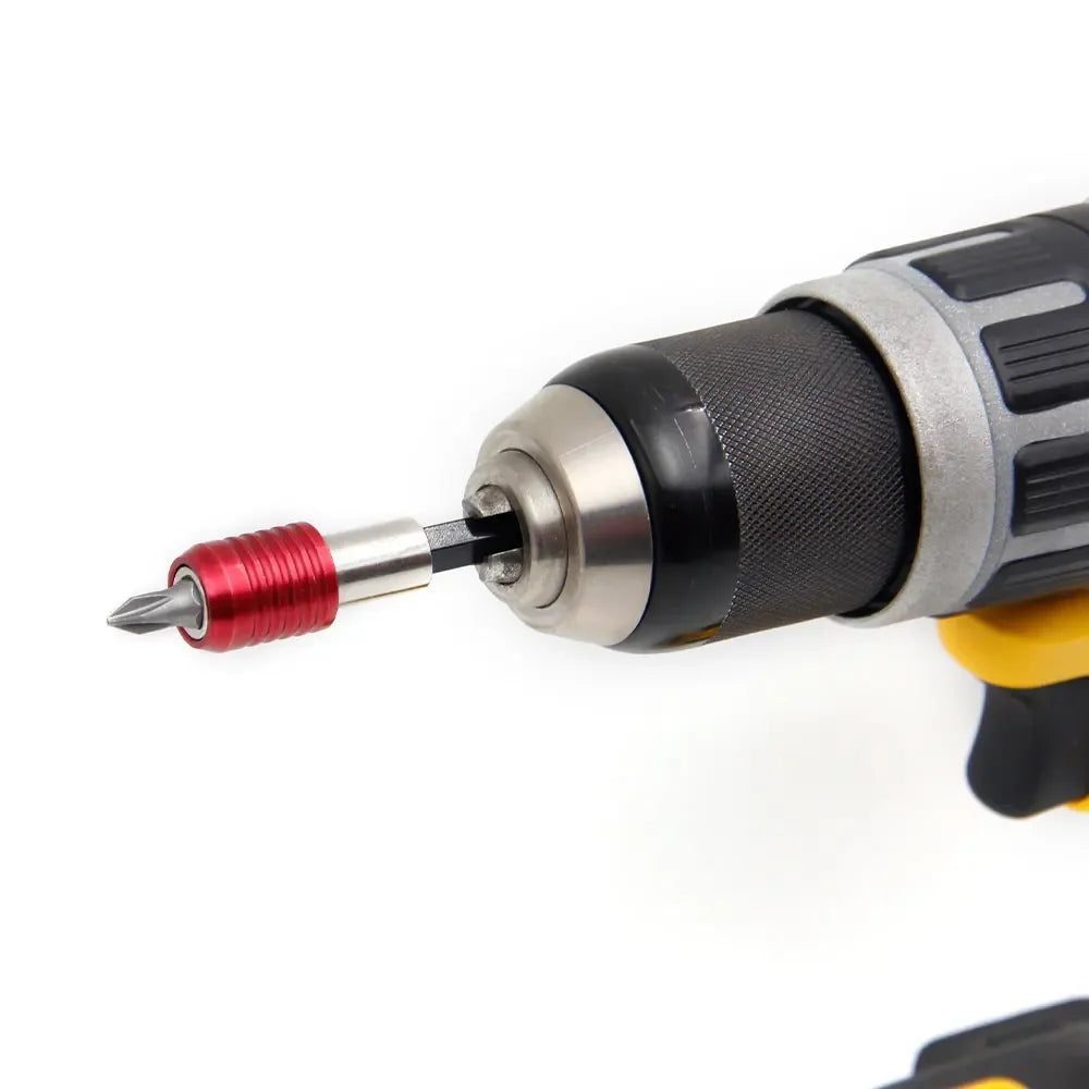 Close-up view of an adjustable socket extension bar set with a red and silver tip attached to a black and gray tool handle.