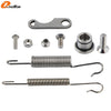 Kit of motorcycle side stand kickstand components including a mounting plate, bolts, and two spring-loaded kickstands