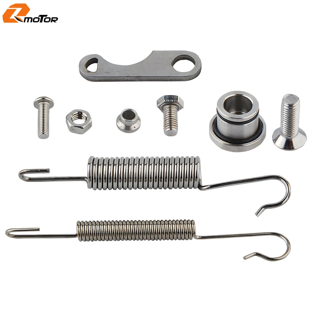 Kit of motorcycle side stand kickstand components including a mounting plate, bolts, and two spring-loaded kickstands