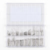A clear plastic box containing a set of stainless steel watch band split pins and connecting links.