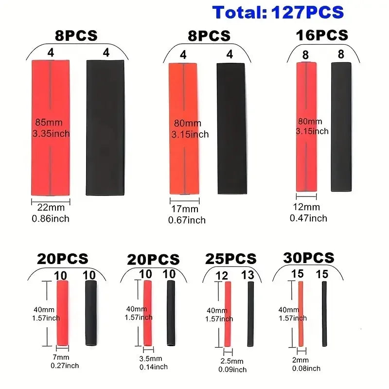 A collection of heat shrink tubing kits in various sizes and quantities, including 8pcs, 16pcs, 20pcs, and 30pcs.