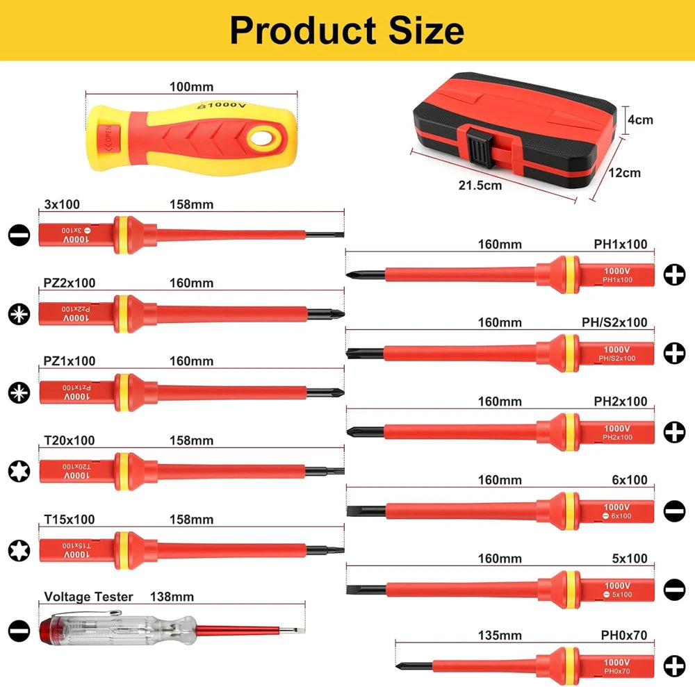 Various precision magnetic screwdriver tools and testers in red, yellow, and black plastic casings.