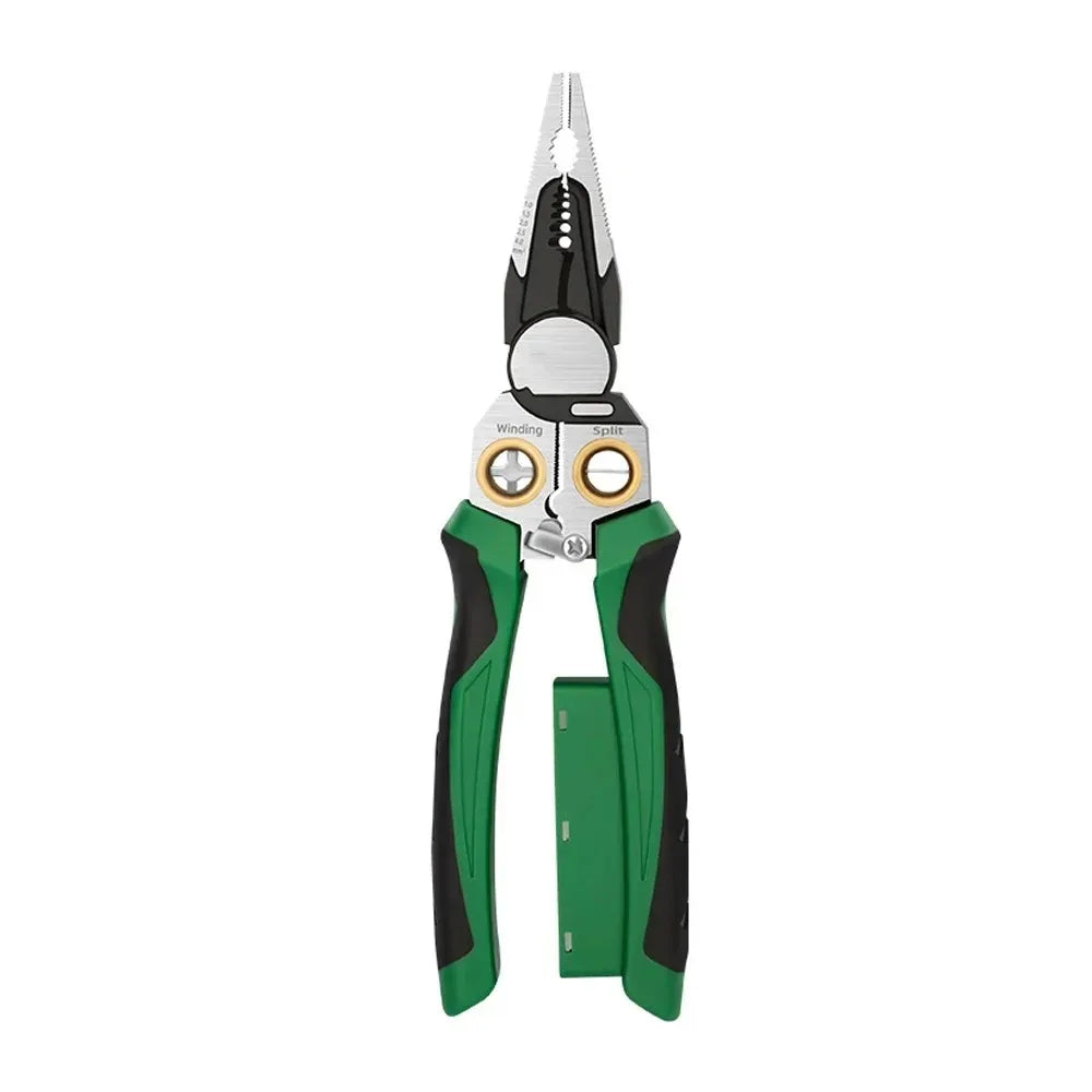 A close-up view of an 8-in-1 multifunctional voltage tester and wire stripper tool with green and black handles.