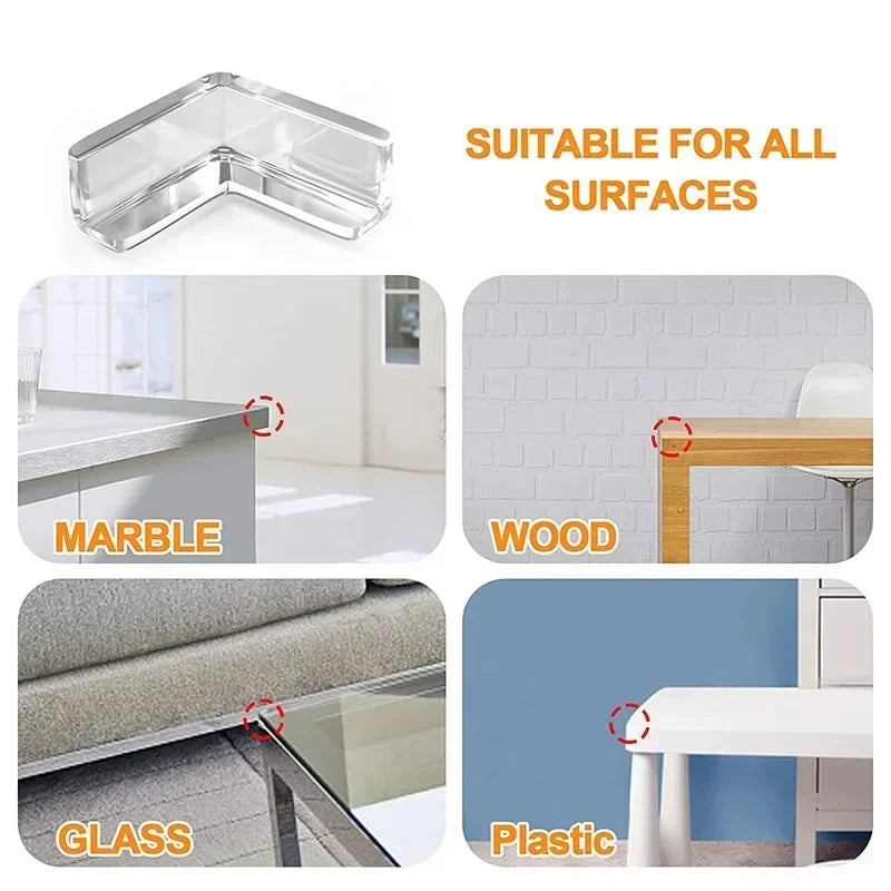 Clear silicone corner edge guards suitable for various surfaces like marble, wood, glass, and plastic.