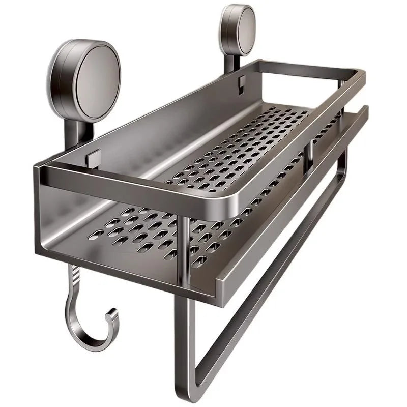 A stainless steel rustproof wall mount shower caddy organizer with a tray and hanging bar.
