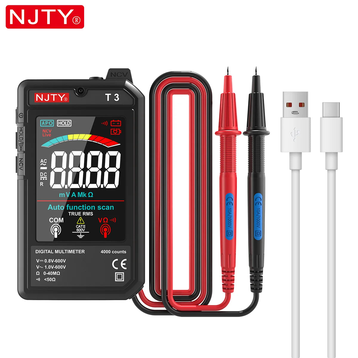 A black digital multimeter with NCV detection and a red test lead and white probe.
