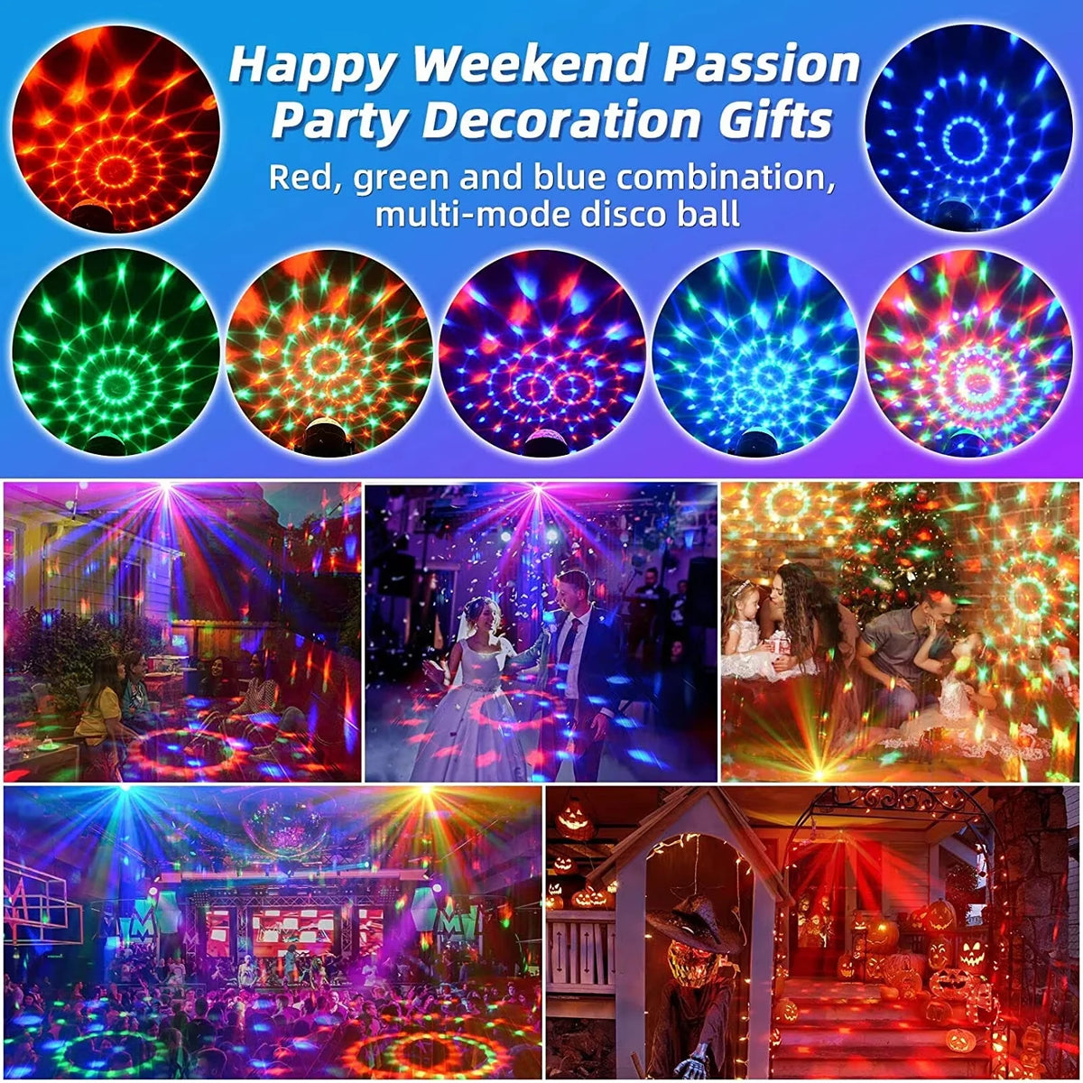 A collection of various disco ball lights showing red, green, and blue combinations and festive party decorations.