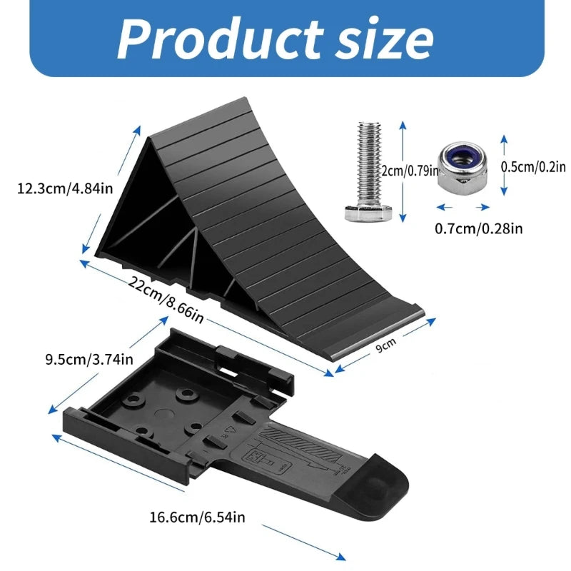A black heavy-duty tire chock is shown in multiple views, including its size and mounting hardware.