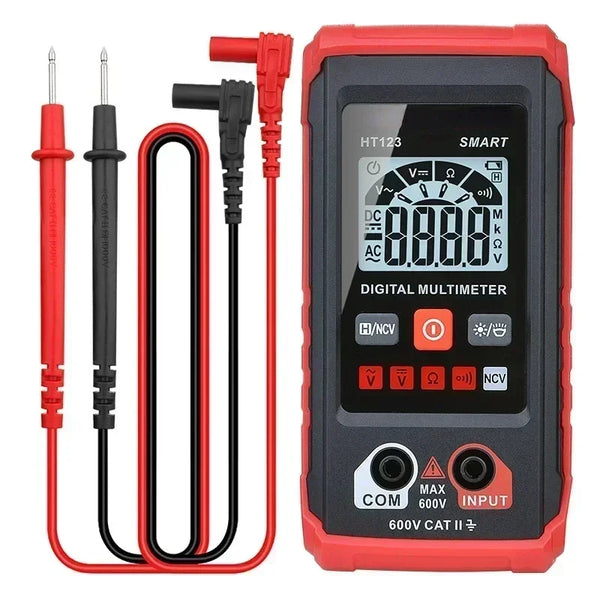 A red digital multimeter with a black probe and cable is shown for electrical measurement.