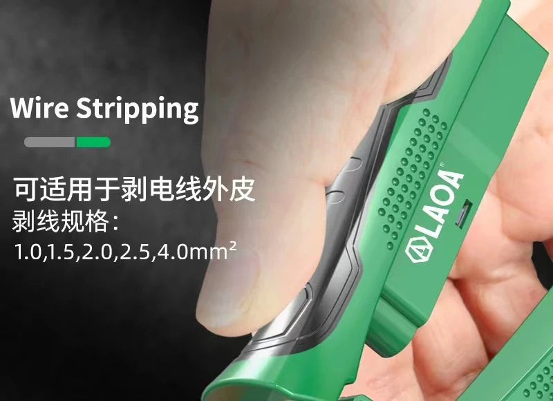 A hand is using a green LAOA wire stripping tool to strip electrical wires.