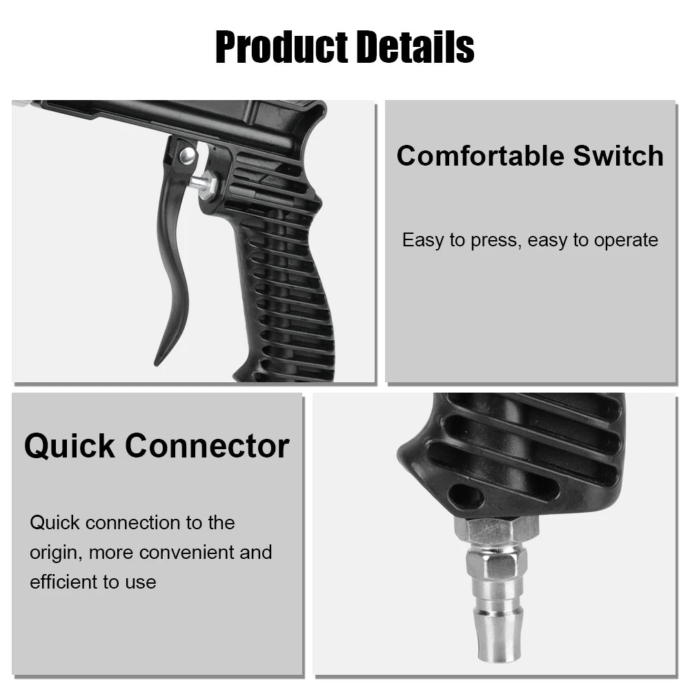 Details of a pneumatic sandblasting gun showing the comfortable switch and quick connector components.