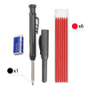 A set of six red pencil refills and one black pencil with a metal tip in a clear plastic container.