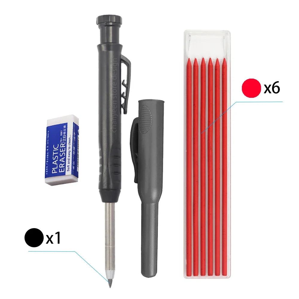 A set of six red pencil refills and one black pencil with a metal tip in a clear plastic container.