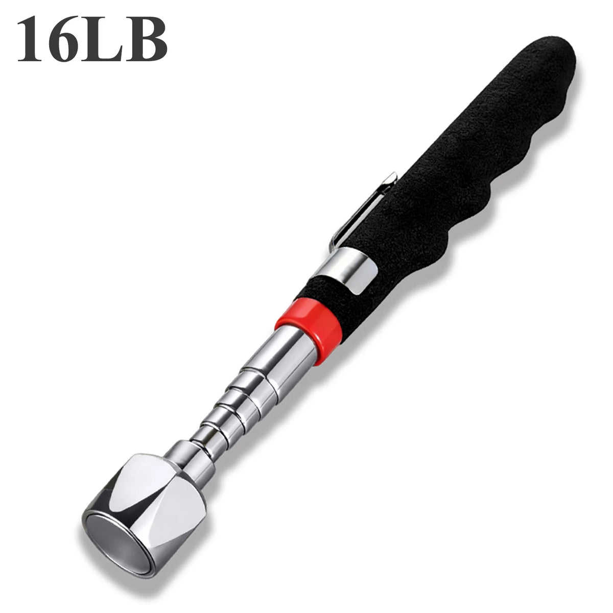 A black telescopic magnetic pickup tool with a silver tip and red accent.