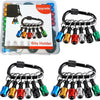 A set of 12 socket bit holders with various colored bits attached to a black keychain extension bar
