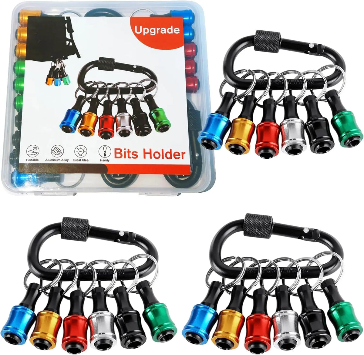 A set of 12 socket bit holders with various colored bits attached to a black keychain extension bar