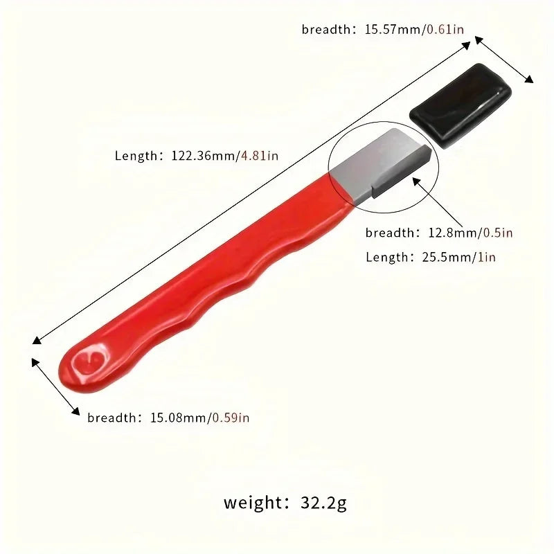 A red multi-purpose knife and shears sharpening stone with measurements for length, breadth, and weight.