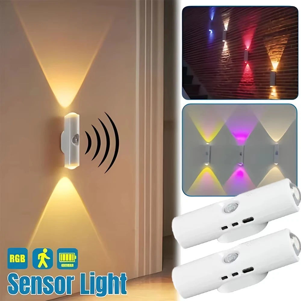 A sensor light fixture mounted on a wall, showing various colored light patterns and a close-up of the light unit.