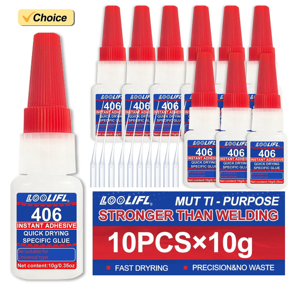 Une bouteille de colle instantanée LOOLIF, étiquetée 406, et plusieurs tubes individuels de la même colle
