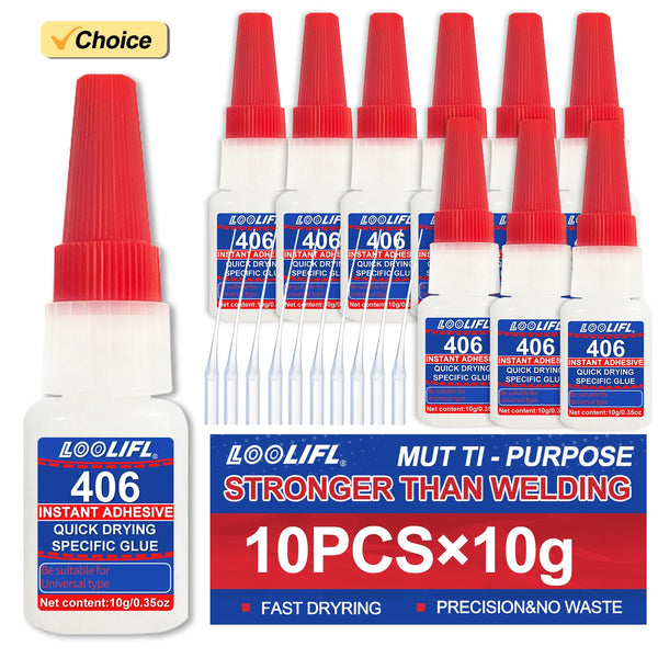 A bottle of LOOLIF Instant Adhesive glue labeled 406 and several individual tubes of the same adhesive