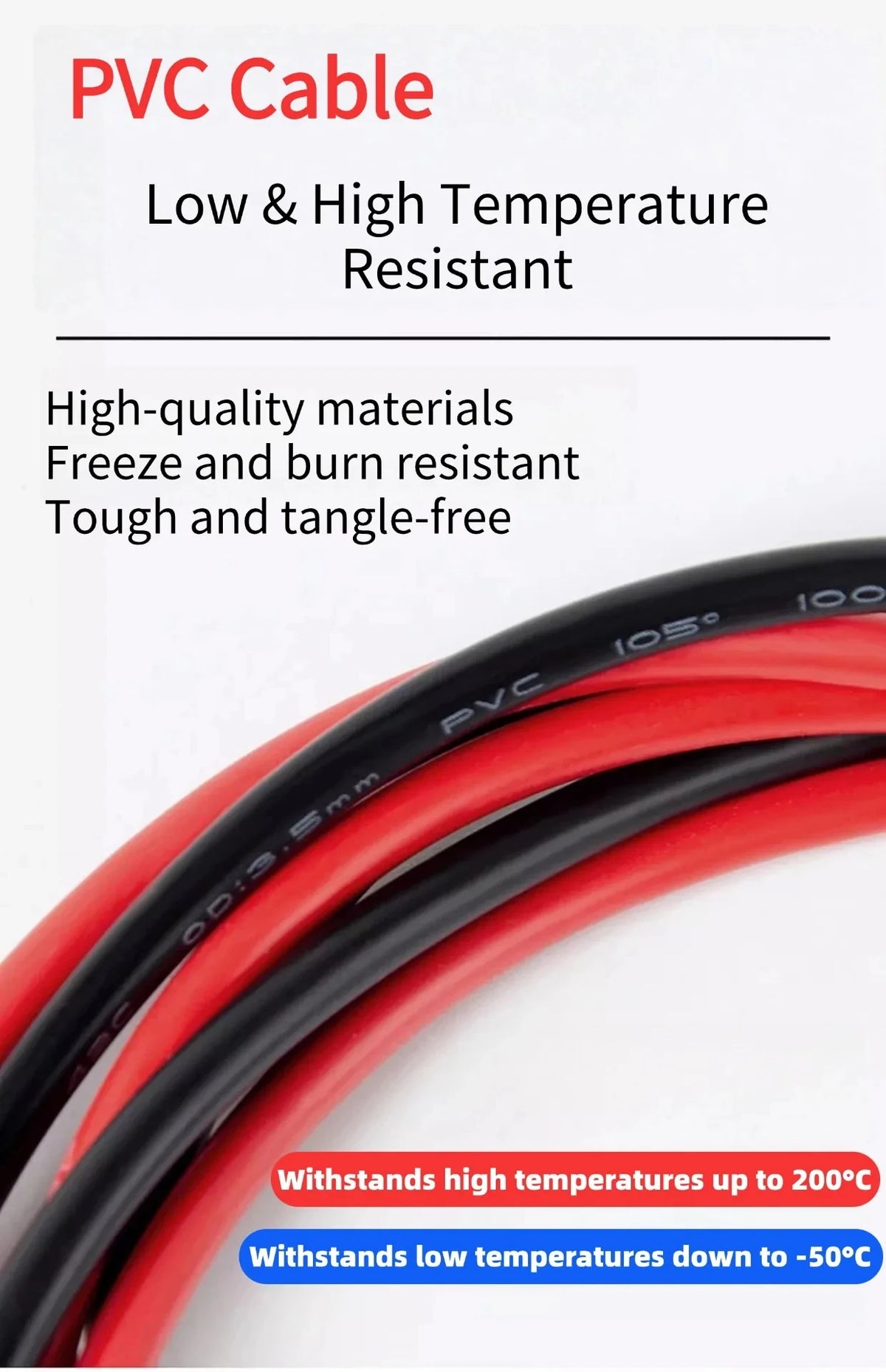 Close-up of red and black PVC cable with temperature resistance labels