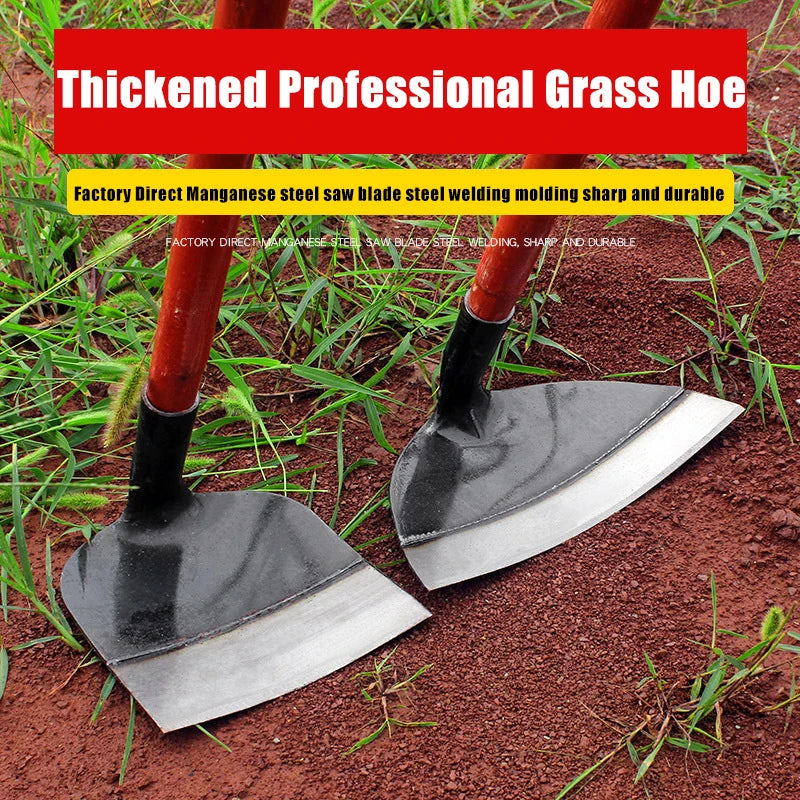 A thickened professional grass hoe with a sharp, durable steel blade shown in a garden setting.