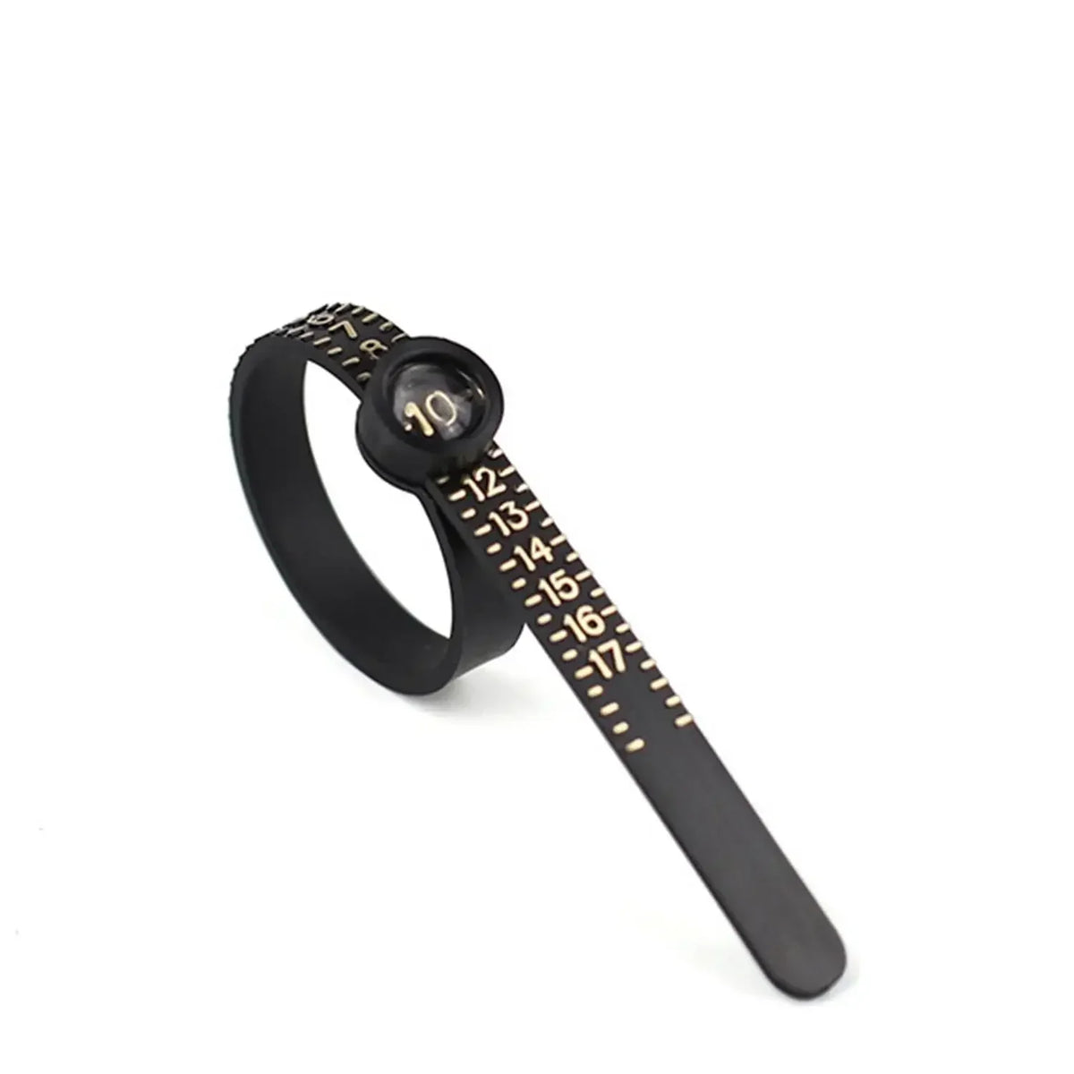 A black reusable ring sizer with a magnifying feature and numbered markings.