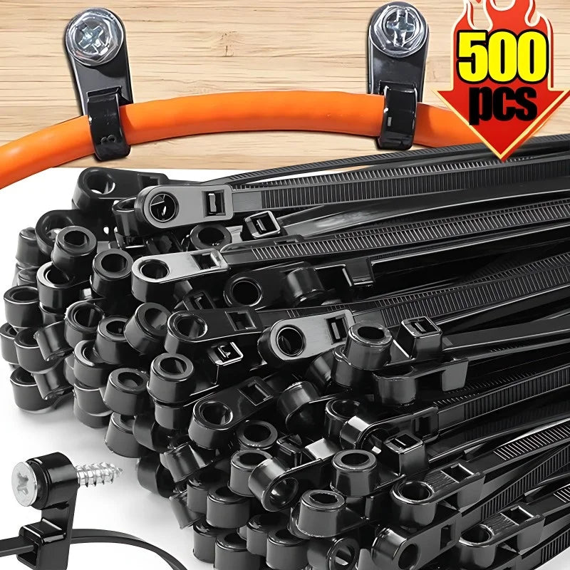 A close-up view of black reusable nylon cable ties with screw holes arranged in a bundle.
