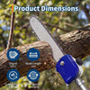 A professional 2-stroke gas pole saw with a blade attached is shown cutting through a tree branch in an outdoor setting.