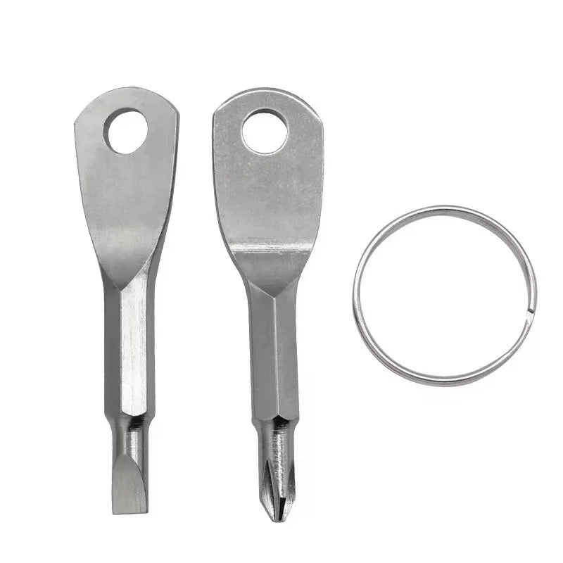 A pair of mini screwdriver tools with keychain attachments shown against a white background.