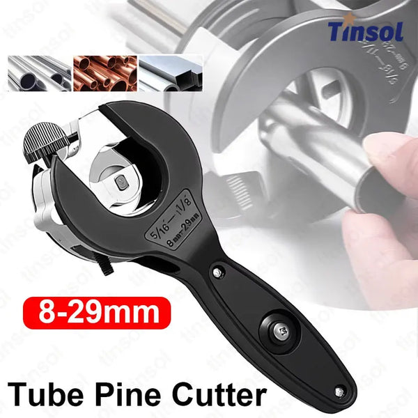 A black tube pine cutter tool with a silver handle is shown against a blurred background.