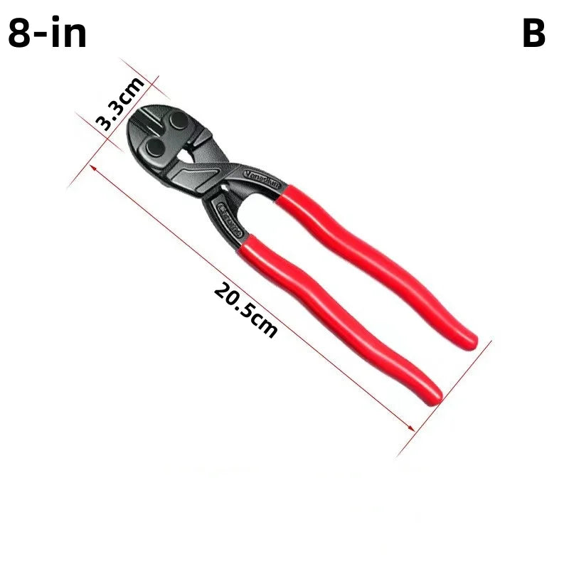 A close-up view of a black heavy-duty bolt cutter with red handles and measuring dimensions.