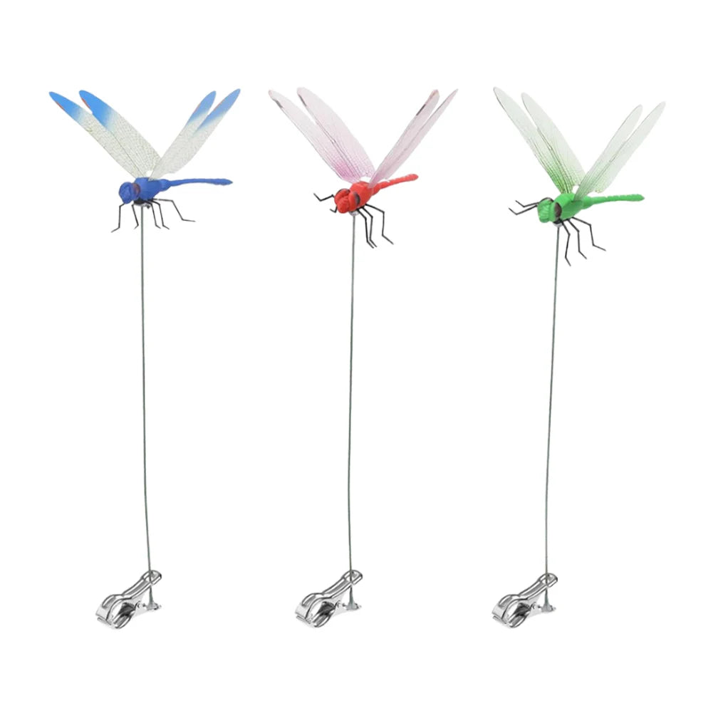 Three realistic dragonfly clips in blue, pink, and green for garden decor