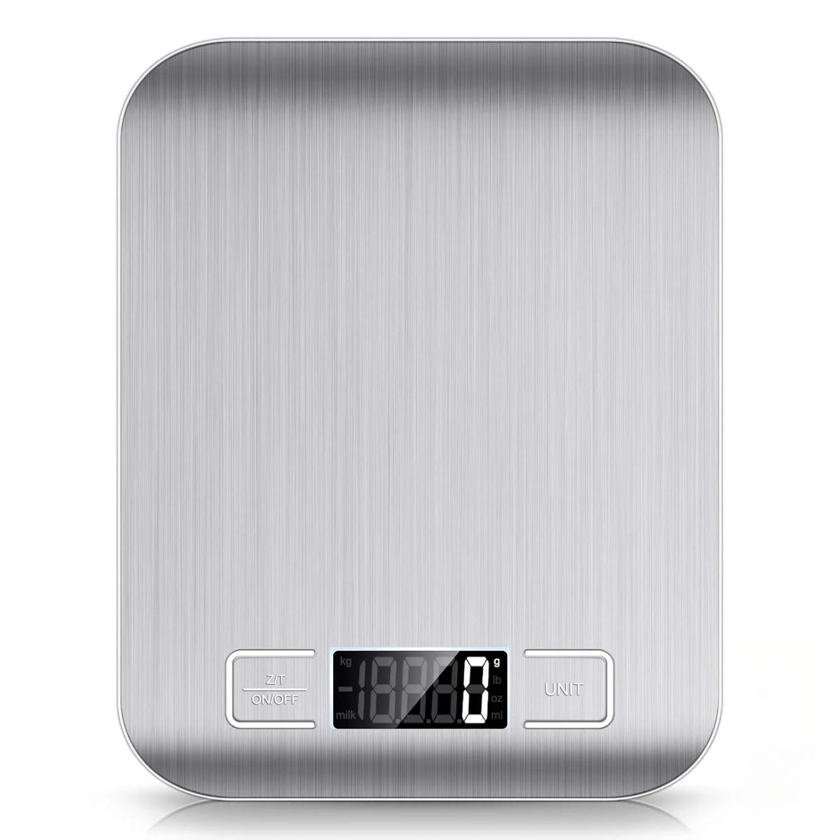 A silver digital kitchen scale with a rectangular design and a display showing 18.60 grams.