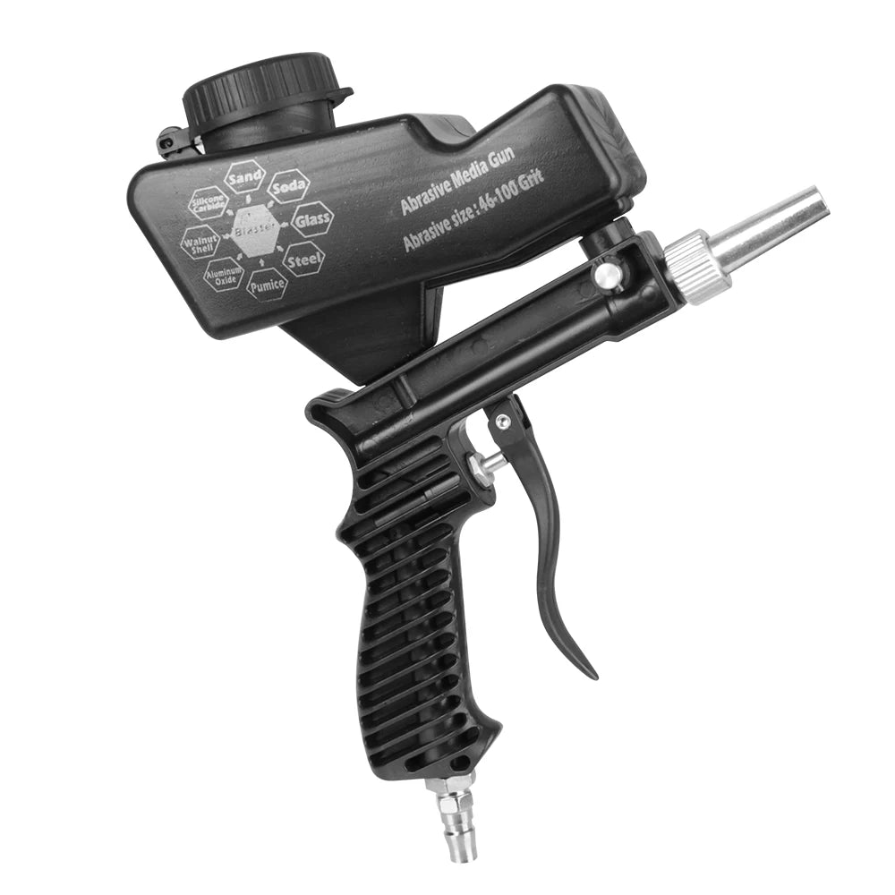 Black pneumatic sandblasting gun with a textured grip and a nozzle attachment.