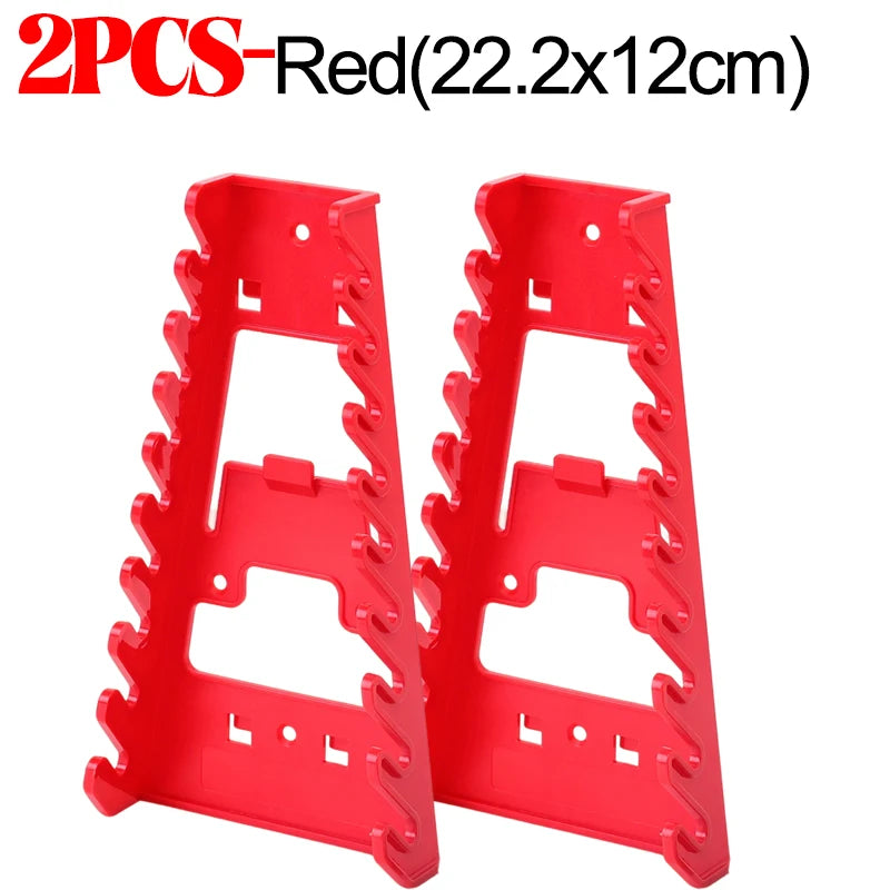 Two red plastic wrench organizer racks measuring 22.2x12cm